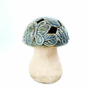 Garden toadstool with butterflies pottery 5" blue